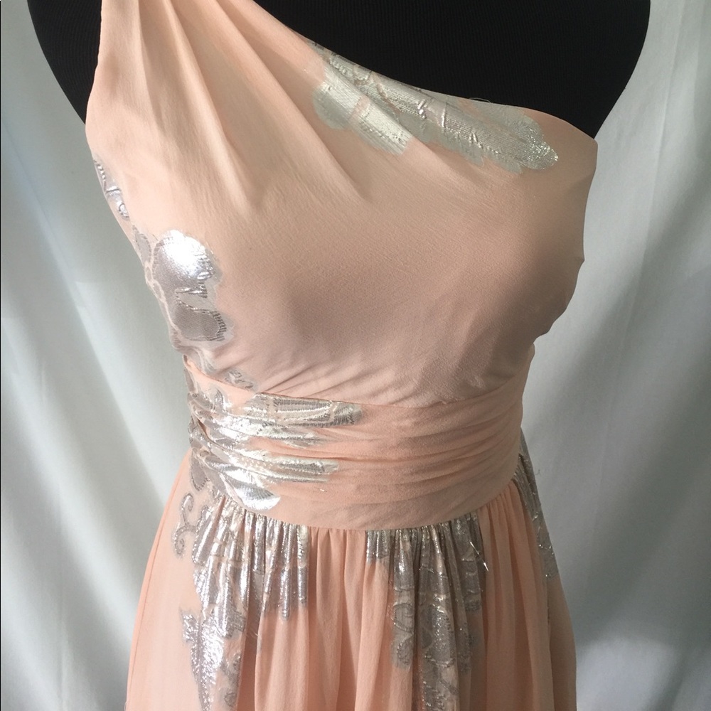 Eliza J🌷peach/silver sheer off shoulder dress Sz4 - Picture 2 of 8